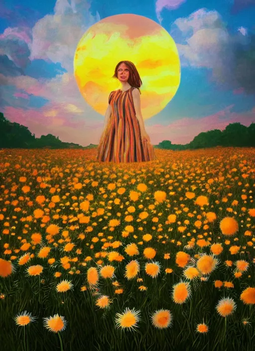 Image similar to portrait of a female face made of giant daisies, standing in a flower field, holding flowers, surreal photography, sunset dramatic light, impressionist painting, colorful clouds, large sky, digital painting, artstation, simon stalenhag