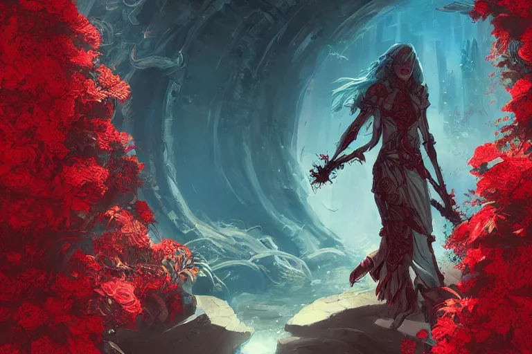 Prompt: comic artwork cover by ross tran of broken arches leading to the pillars of eternity draped with red flowers and vines, blue sky, lens flare, a sense of mystery, cinematic, ultra detailed, intricate, sharp focus, trending on artstation, 8K