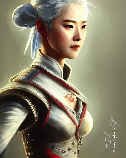 Image similar to Zhang Ziyi as Ciri from Witcher 3 by Artgerm and Greg Rutkowski, wearing haute couture by schiaparelli, sharp focus, sun rays, intricate, elegant, highly detailed, digital painting, masterpiece.