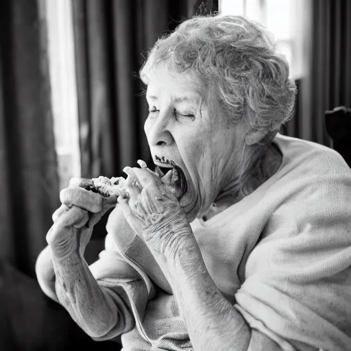 Prompt: grandmother eating her son