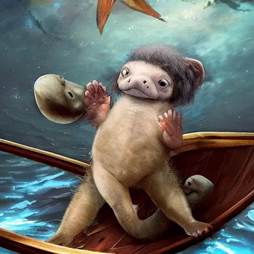 Image similar to incredibly fantastically stupendously exagerratedly fluffy incredibly tiny winged pygmy baby manatee platypus hybrid being cradled by a pirate captain the deck of his ship, realistic, fantasy, pet, adorable, national geographic