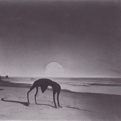 Prompt: an early 1 9 0 0 s photograph of an alien marking its extraterrestrial sigil on a black dog on the beach, moonlight, nighttime