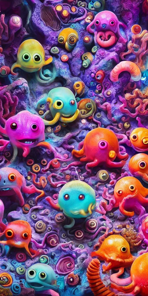 Image similar to of a colorful deep sea cave with strange cute friendly happy creatures with huge eyes, mouth, long tongue and round teeth appearing from sandy coral, in the style of gehry and gaudi, macro lens, shallow depth of field, ultra detailed, digital painting, trending artstation, concept art, illustration, cinematic lighting, photorealism, epic, octane render