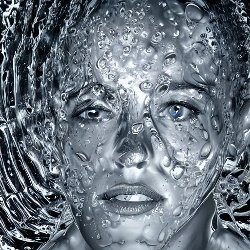 Prompt: water artwork manipulation in a shape of a human head,, ray tracing, sharp focus, realistic water, long shot