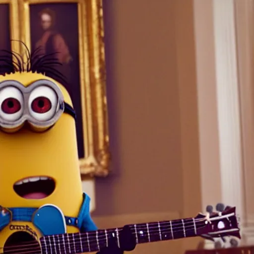 Image similar to super cute minion playing the guitar at the White House, movie still