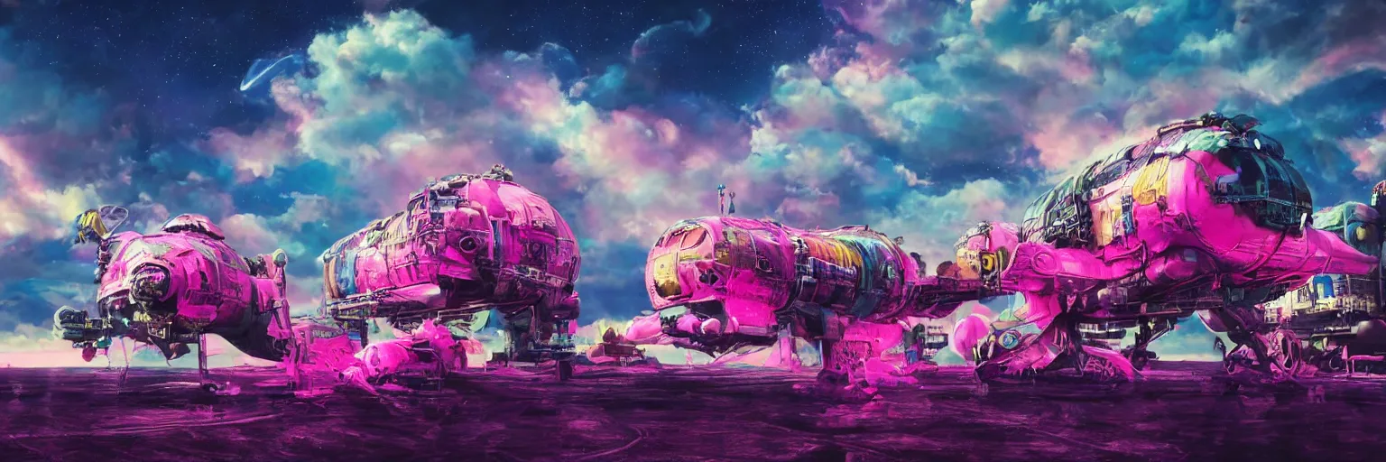 Image similar to big train in space, pink pirate dog, dog, run, pirate neon ship with punks on board, mohawks, neon, oil painting, rich deep colors masterpiece, ultra detailed, contrast, heaven pink, lots of roman arches, clouds, sky, volumetric light, atmospheric lighting, dramatic, cinematic, moody, octane render 4 k, 8 k