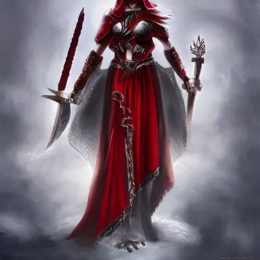 Image similar to a beautiful woman in a crimson cloak holding a glowing white spear and an obsidian shield, silver intricate armor, spotlight, ornate, realistic, fantasy art