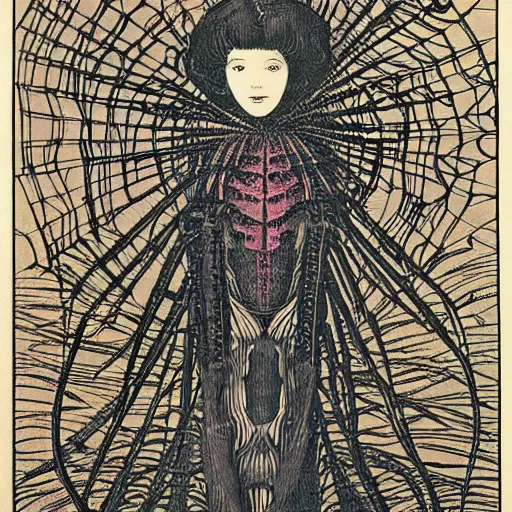 Image similar to a girl with a spider, colored woodcut, poster art, by Mackintosh, art noveau, by Ernst Haeckel