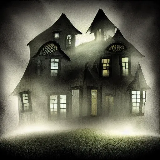 Prompt: strange darkness house inspired by Tim Burton, (by Tim Burton) dark forest background, mist, fog, volumetric lighting