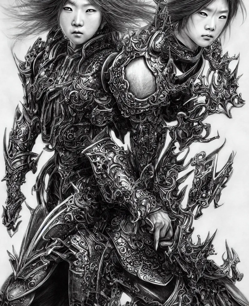 Image similar to hyper - realistic pencil drawing inspired by shinichi sakamoto of a fantasy warrior with hyper detailed and ornate art nouveau medieval armor, long hair twirling, very exaggerated fisheye perspective, art by yoshitaka amano and kojima ayami