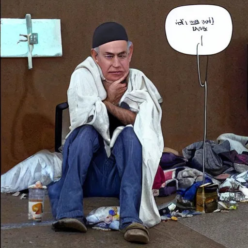 Image similar to bibi netanyahu as a homeless person