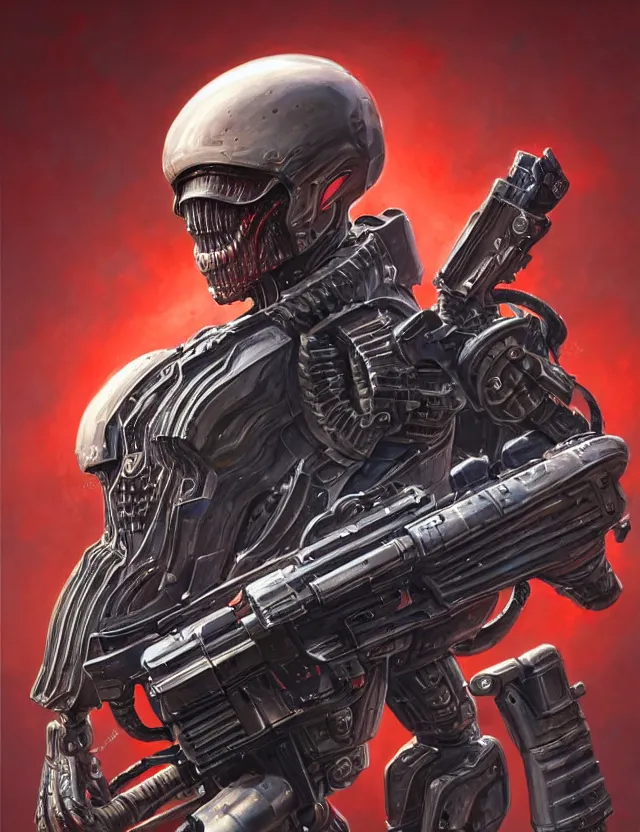 Image similar to a portrait of a tactical exoskeleton with miniguns painted in the pepsi logo, by moebius and tyler edlin and hr giger, trending on artstation, digital art, 4 k resolution, detailed, high quality, sharp focus, hq artwork, coherent, insane detail, concept art