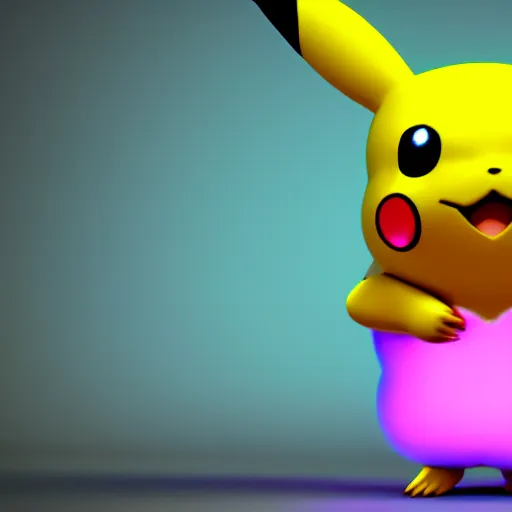 Prompt: nymph render of a very cute 3d pikachu pokemon, adorable eyes, cute smile, full round face, neon lights in background, serene bedroom setting, medium shot, mid-shot, highly detailed, trending on Artstation, Unreal Engine 4k
