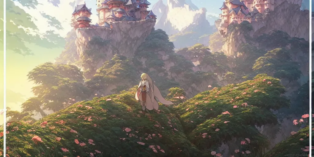 Prompt: the knight and the sword of rose petal, anime, castle core, mountains, rocky roads. by hayao miyazaki and rossdraws and artgerm and greg rutkowski and alphonse mucha and studio ghibli. high quality, stunning, intricate detailed environment. 8 k