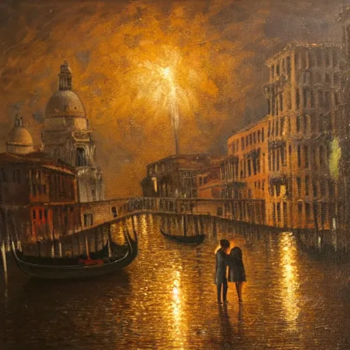 Image similar to an oil painting of couple kissing, in a background fireworks in venice