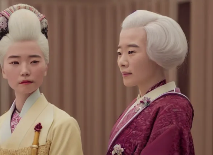 Image similar to a film still of a japanese princess young lady, with white hair and bangs!!!! in the grand budapest hotel ( 2 0 1 4 )