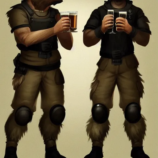 Image similar to two humanoid german shepherds beast - men in military style, they holding a beer, artstation, concept art, smooth, sharp foccus ilustration, artstation