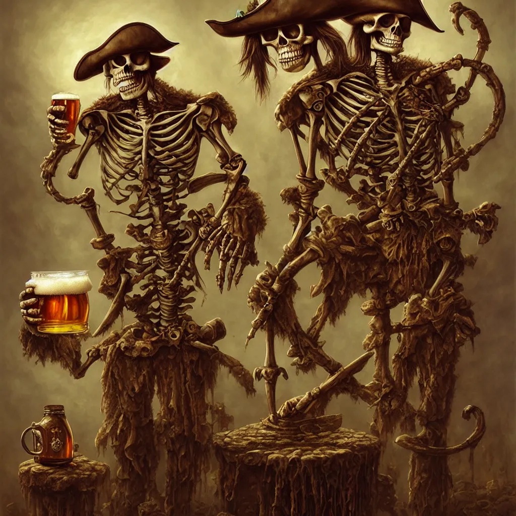 Image similar to pirate skeleton drinking beer by tomasz alen kopera and Justin Gerard