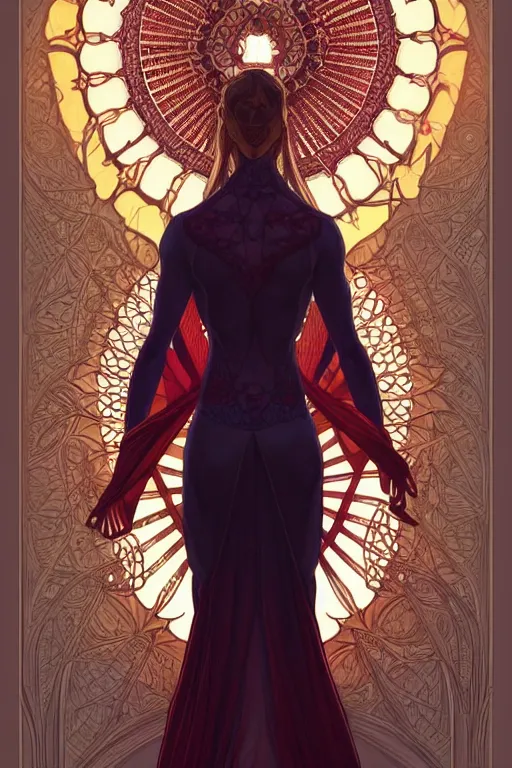 Image similar to symmetry!! intense fanart of 3 / 4 back pose of halliwell as acotar protagonist, intricate, elegant, highly detailed, my rendition, digital painting, artstation, concept art, smooth, sharp focus, illustration, art by artgerm and greg rutkowski and alphonse mucha. fireball in hand, traditional clothes