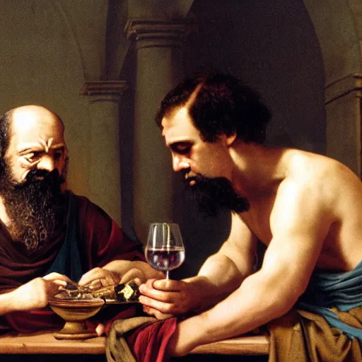 Image similar to hangover Plato with Socrates drinking wine,