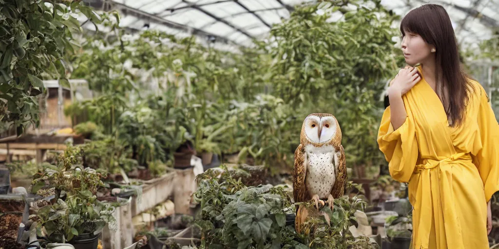 Image similar to A medium format head and shoulders portrait of a young woman wearing a yellow kimono in a greenhouse, she has a very detailed barn owl on her shoulder, graflex, bokeh