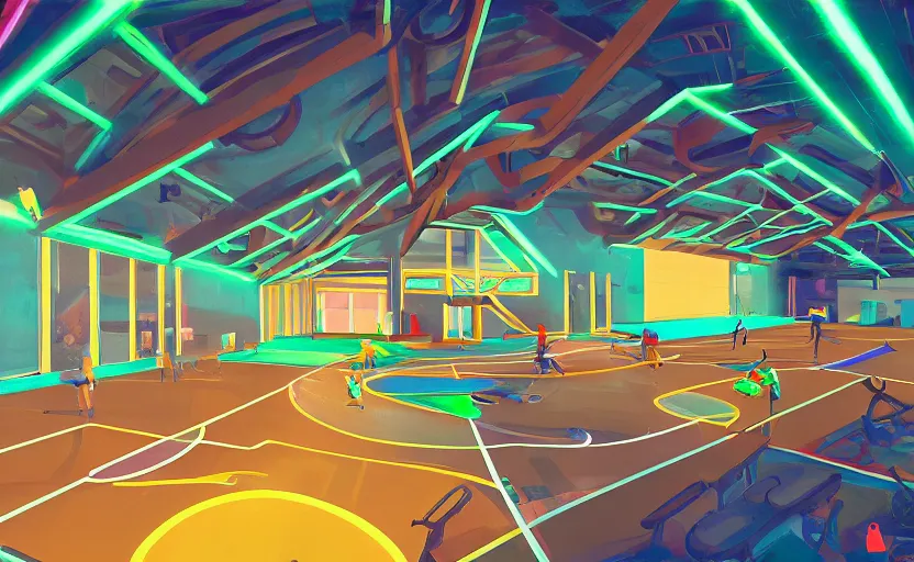 Prompt: gymnasium playing area, indoor, neon lights, highly detailed, digital painting, architecture, artstation, concept art, sharp focus, illustration