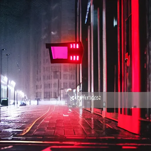 Image similar to digital red photons entering a CCTV camera on a dark rainy night in London, street scene, futuristic