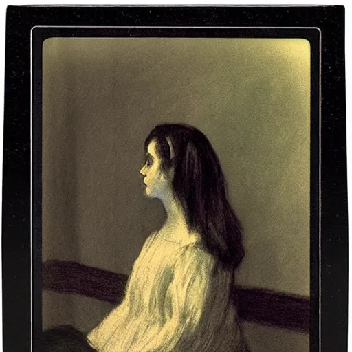 Prompt: a girl in a room, old polaroid by goya, by el greco, my munch, elegant drawing, digital painting, jugendstil, strong lights, flat colors, pastel colors,