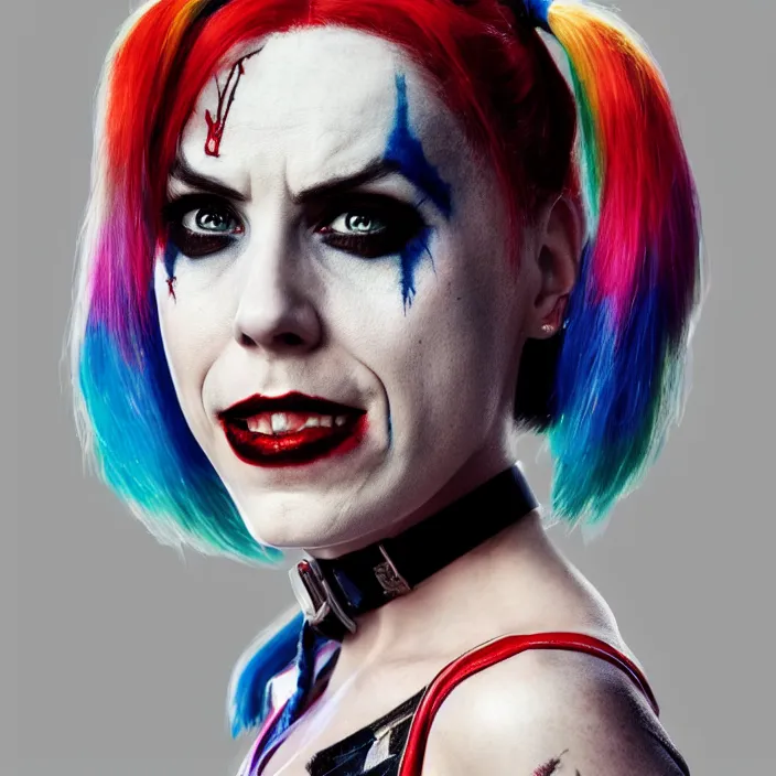 Prompt: portrait of Melanie C as a harley quinn in Suicide Squad. intricate artwork, octane render, trending on artstation, very coherent symmetrical artwork. cinematic, hyper realism, high detail, octane render, 8k