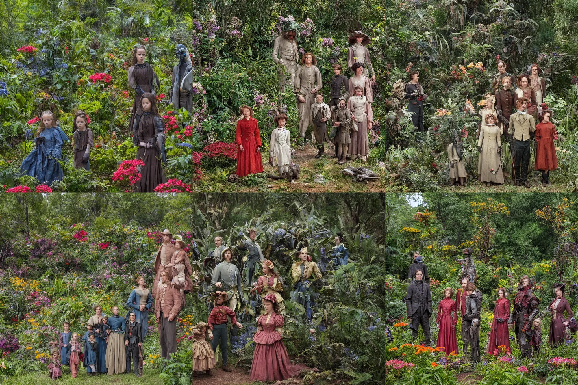 Prompt: very sharp, highly detailed, 36864k film, 175000mm film still from a sci fi blockbuster color movie made in 2019, set in 1860, of a family standing in a park, next to some strange alien plants and flowers, on an alien planet, the family are all wearing 1860s era clothes, good lighting, enhanced faces, 700mm f/1.4L lens