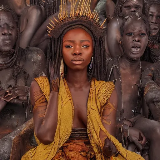 Image similar to Photograph of Young female Nigerian Elden Lord, sitting on a throne of ash, surrounded by the corpses of Elden Ring bosses, 4K, Highly detailed,