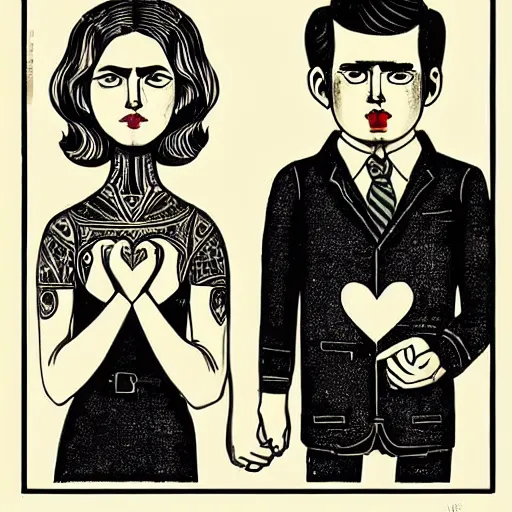 Image similar to perfectly centered symmetrical split male and female portrait of man and woman in love sharing one heart. illustration, highly detailed, simple, no jagged lines, smooth, artstation, artwork by ravi zupa