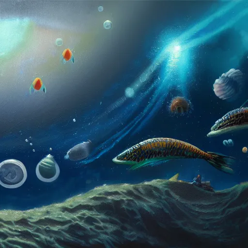 Prompt: Ocean with strange fish on planet Kepler-22-BKepler-22-B, oil Painting, ultradetailed, artstation, ultradetailed, digital Painting,