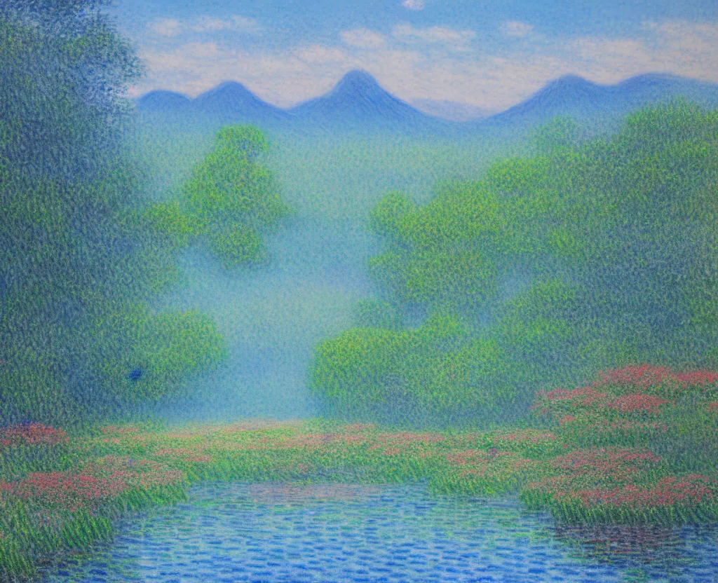 Image similar to a landscape pastel in the style of noriyoshi ohrai and monet of a blue reflective path to some misty mountains in the background. along the path stands pillars that reflect in the water. key art. 4 k fantasy