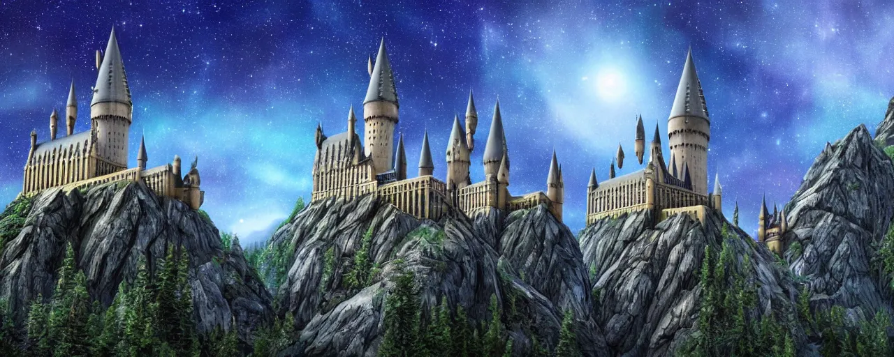 Prompt: Hogwarts in the mountains, forest, at night, blue aurora, shooting stars, matte painting, award winning, highly detailed