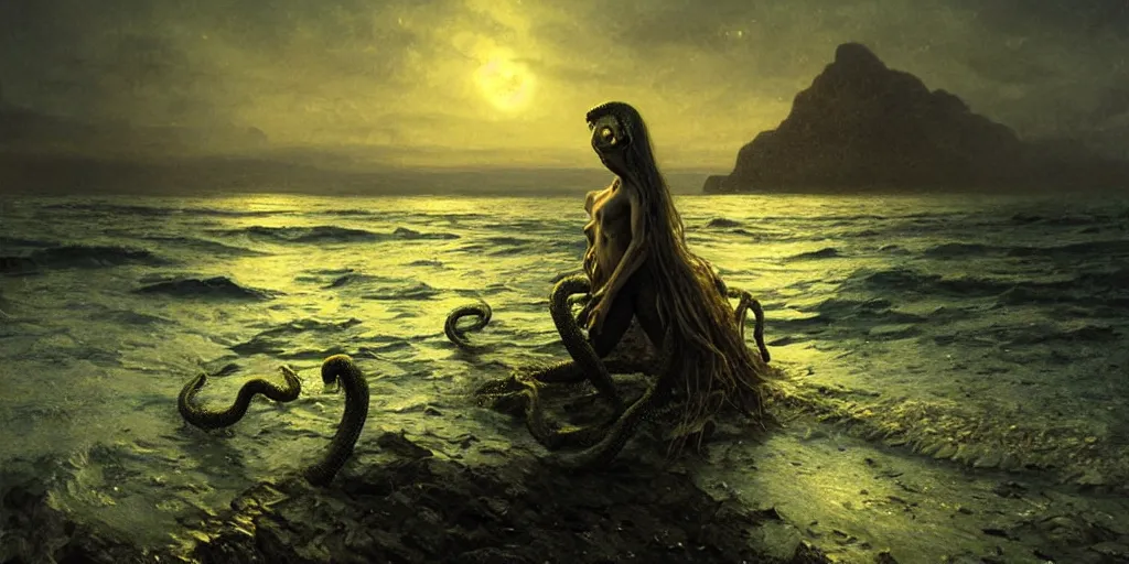 Image similar to landscape view on an old fishing village at night, a fit humanoid tentacled monster emerging from the ocean, night colors, high - key lighting, beautiful composition, intricate, gradient from green to black, pro photography by, highly detailed, digital painting, art by artgerm and greg rutkowski and alphonse mucha, smooth, sharp focus illustration