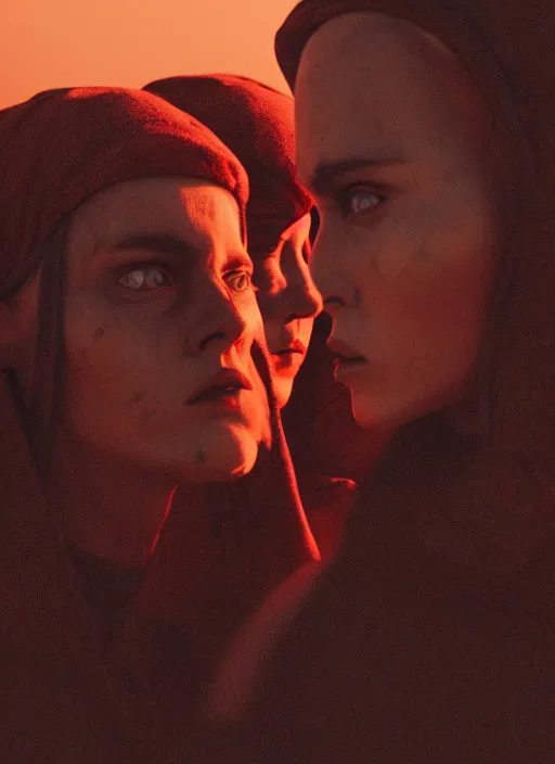 Image similar to cinestill 5 0 d photographic portrait of two loving female androids wearing rugged black techwear on a desolate plain with a red sky, extreme closeup, cyberpunk style, dust storm, 8 k, hd, high resolution, 3 5 mm, f / 3 2, ultra realistic faces, ex machina