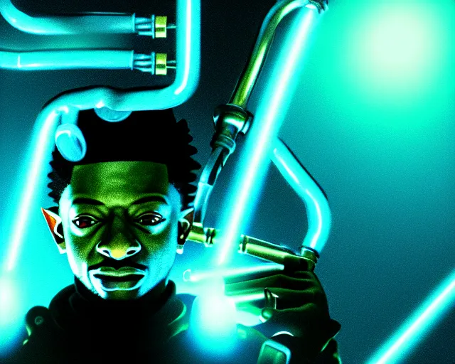 Image similar to 3 5 mm closeup portrait of 2 1 savage in the ocarina of time, pipes, wires, dramatic lighting, octane, blue lights, lens flare, industrial, dirty, trending on artstation, golden ratio, h. r. giger, mist, action, volumetric lighting