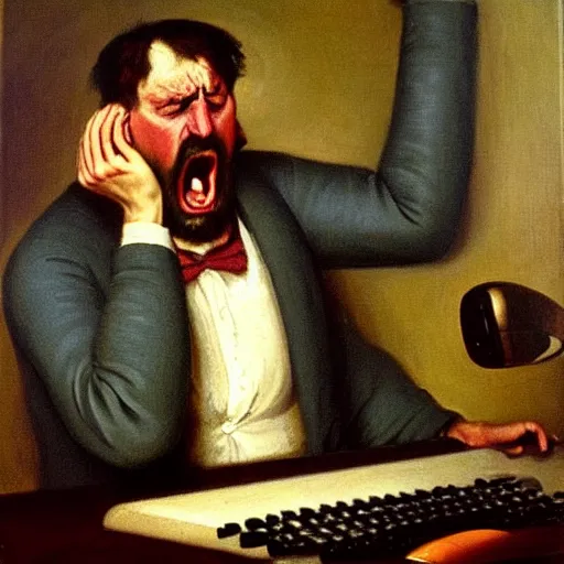 Image similar to an angry man yells at his computer monitor, oil on canvas, 1 9 0 1