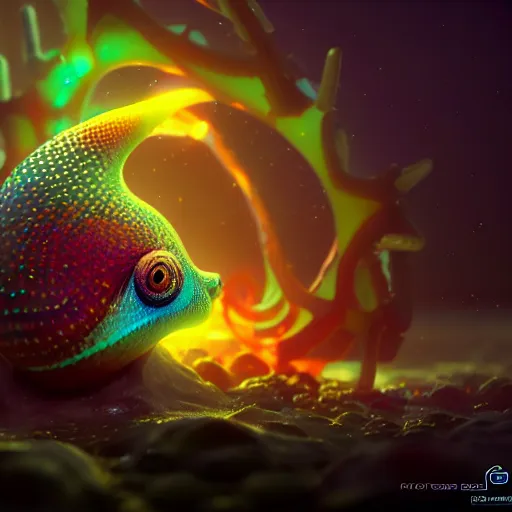 Image similar to beautiful colorful snail fish frog sea-star ant, magic of fire and magic of ice. occult cyberpunk, ancient futuristic, dark art, occult. by Petros Afshar, by artgerm, by Eddie Mendoza, by Peter mohrbacher, octane render, 3d, unreal engine, depth of field, bokeh, motion blur, blur