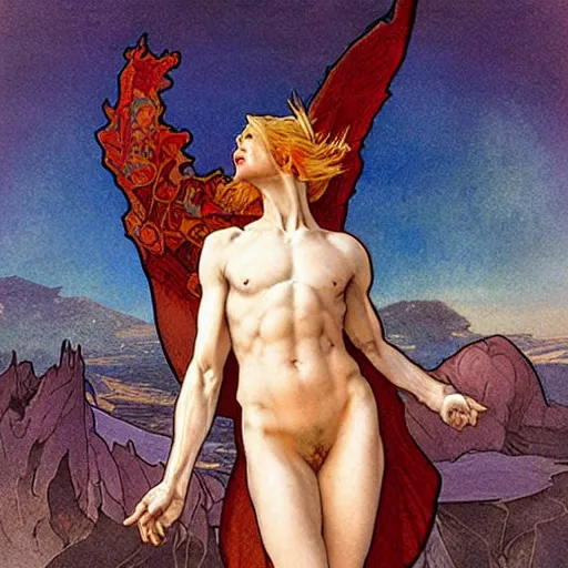 Image similar to A extreme long shot, stunning, breathtaking, awe-inspiring, award-winning, ground breaking, concept art, nouveau painting, of Lucifer, extra-light natural blonde hair, sophisticated well rounded face, bright glowing eyes, fit body, porcelain looking skin, standing tall invincible over the remains of Heaven, by Michelangelo, Alphonse Mucha, Michael Whelan, William Adolphe Bouguereau, John Williams Waterhouse, and Donato Giancola, Dark Fantasy mixed with Socialist Realism, exquisite, intricate, dramatic, hyperrealistic, atmospheric, cinematic, trending on ArtStation , symmetrical, high resolution, 3D, PBR, path tracing, volumetric lighting, octane render, arnold render, 8k