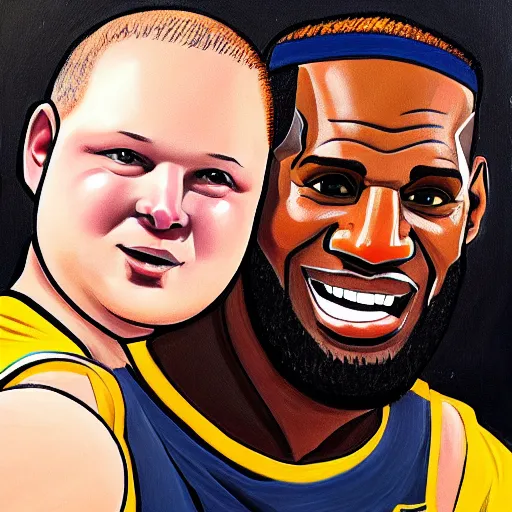 Image similar to bobby hill and lebron james taking a selfie, nba, kill of the hill, oil on canvas, trending on artstation