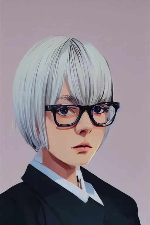 Prompt: a cute girl with cut to shoulder white hair wearing school uniform, wearing glasses, strong brush stroke, sharp focus, illustration, morandi color scheme, art station, by ilya kuvshinov