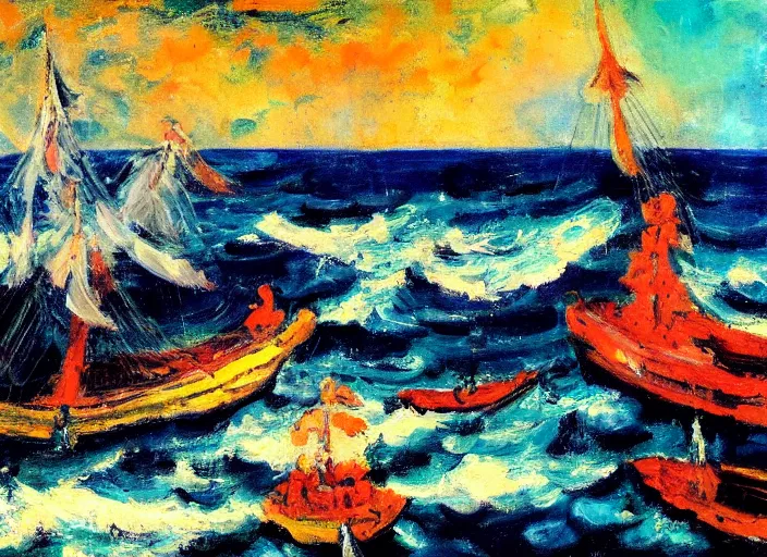 Prompt: the tempest fauvist maritime painting saturated colors deep blacks