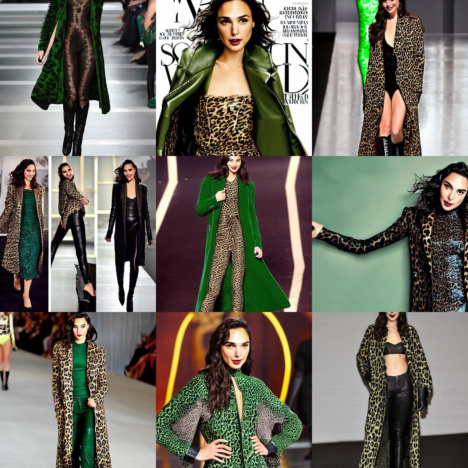 Prompt: Gal Gadot on the runway modeling a Long Leopard Coat with black leather spikes and green lace, photographed in the style of Mario Testino