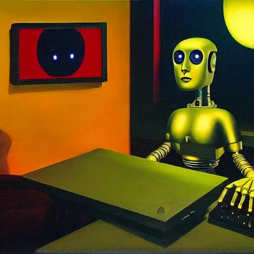 Image similar to a mesmerized robot staring at a computer screen, beams coming out of glowing eyes, portrait, pj crook, grant wood, edward hopper, syd mead, chiaroscuro, oil on canvas