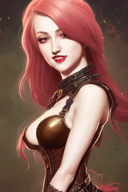 Prompt: Portrait of seductive female bard, D&D, revealing stylish dress like leather armor, choker on neck, long blonde or red hair, mouth slightly open, cute slightly nerdy smile, fantasy, intricate, elegant, stylish, highly detailed, digital painting, artstation, concept art, smooth, sharp focus, illustration, art by artgerm and greg rutkowski and alphonse mucha