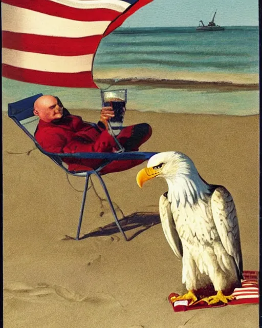 Image similar to postcard showing 'a cool bald eagle perched on a beach chair with shades and a beer bottle' laying in the sand, advertisement, american flag