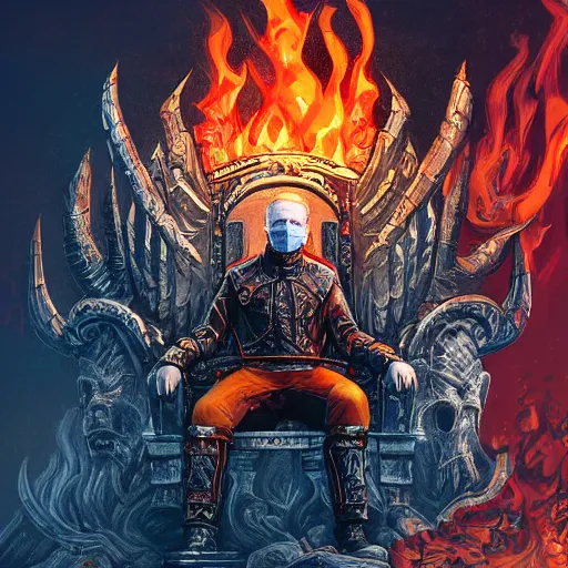 Image similar to Joe Biden sitting on a throne of skulls surrounded by fire, digital painting, highly detailed, trending on Artstation