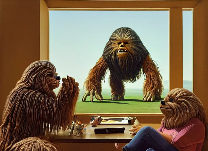 Prompt: wookiee is comfy at home trading crypto. the charts are at all time highs, huge gains, painting by grant wood, 3 d rendering by beeple